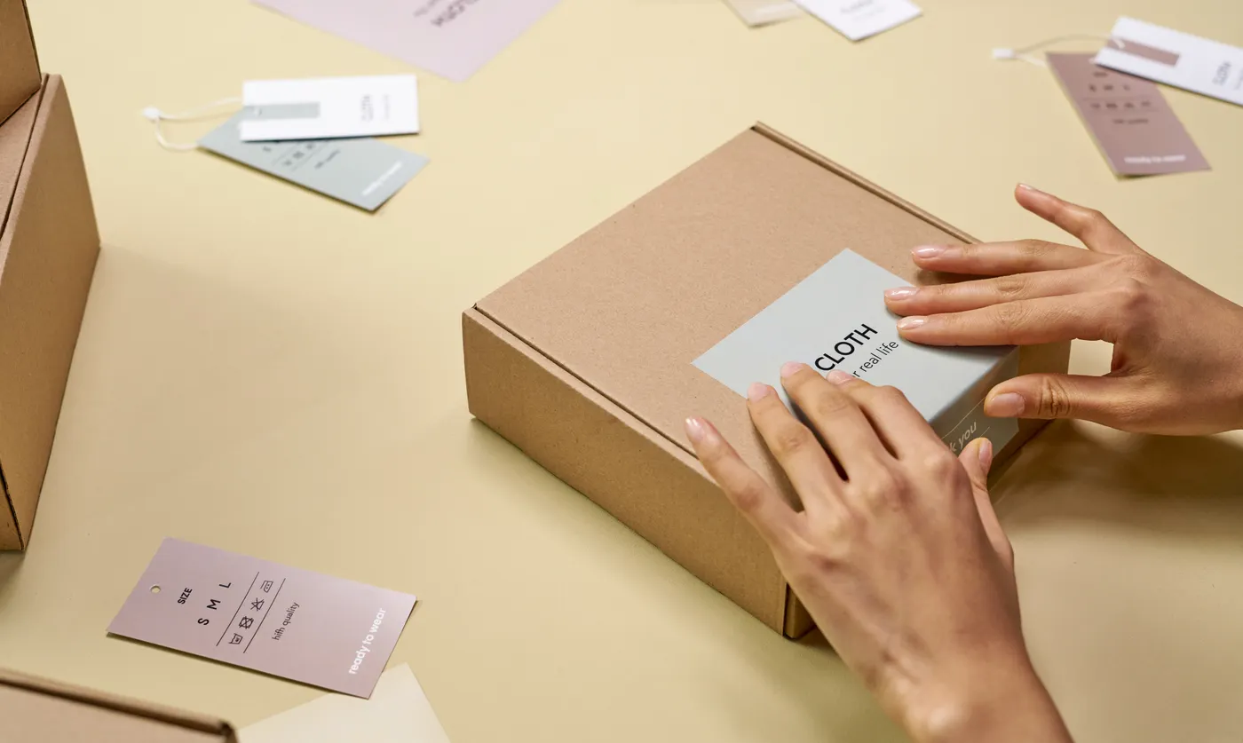 Hands carefully packing a cardboard box with multiple tags around, emphasizing sustainable packaging.